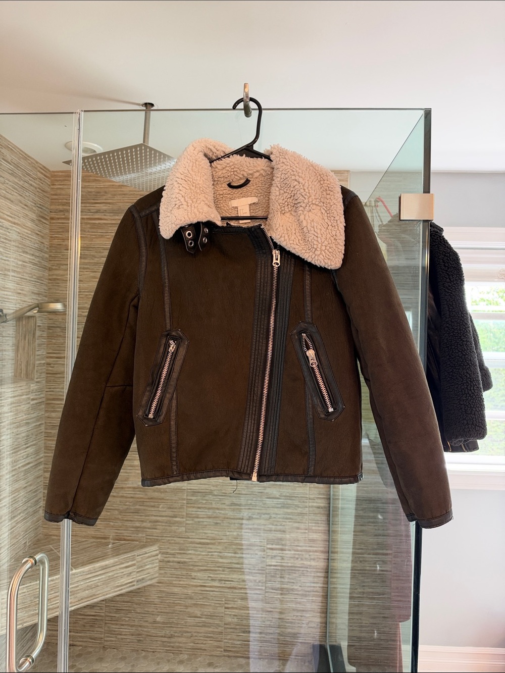 H&M Dark Brown Suede Moto Jacket with Cream Shearling Collar